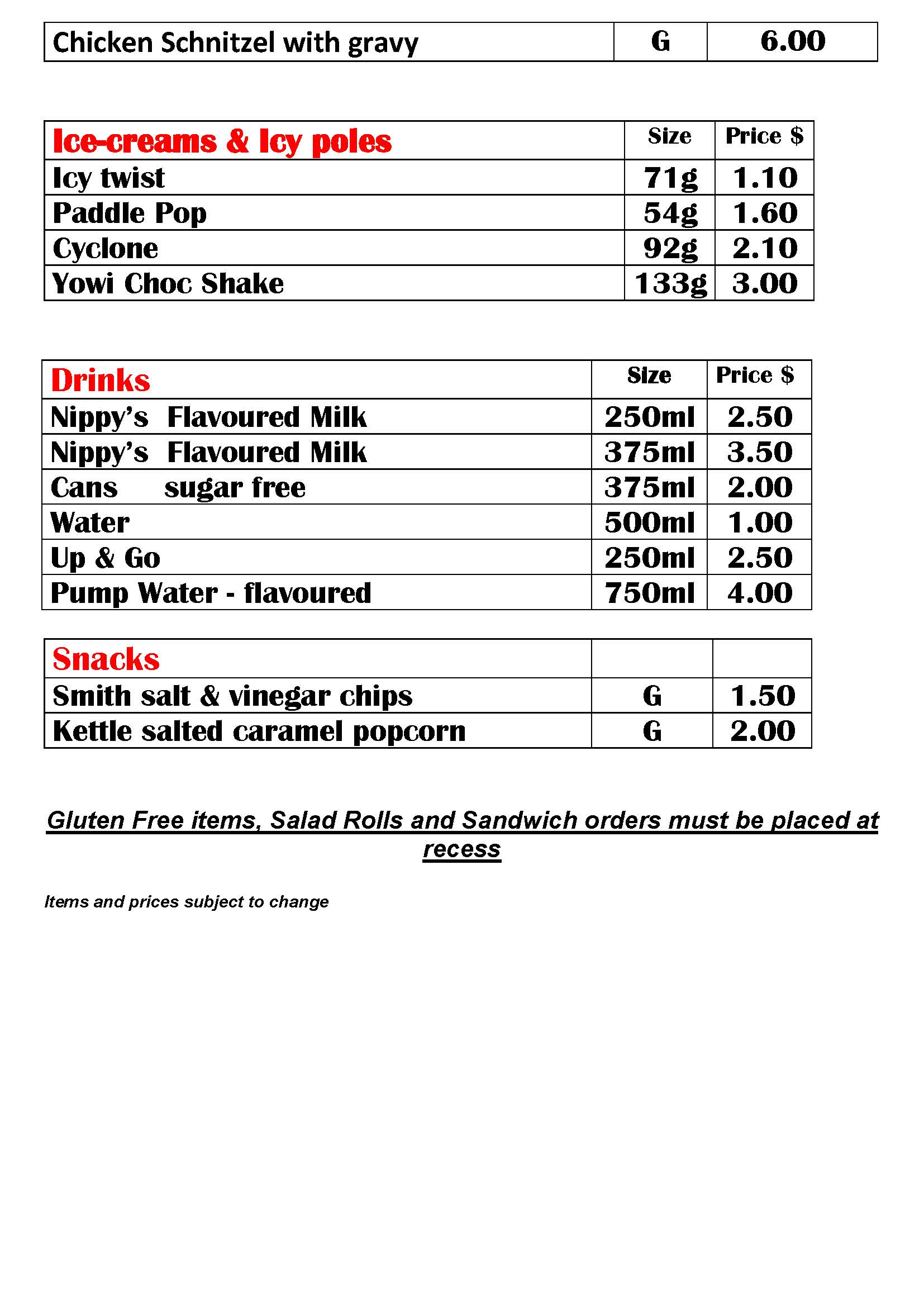 Canteen Items List